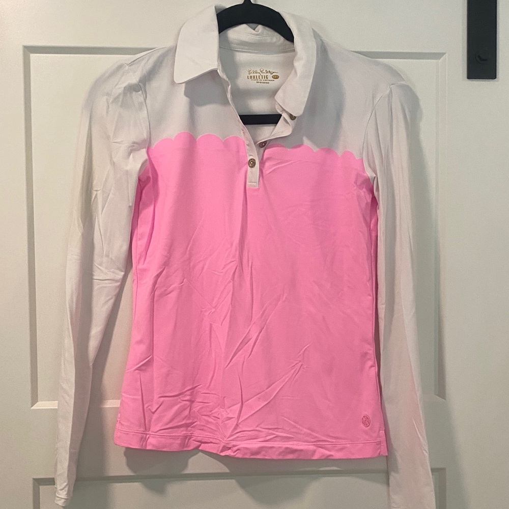 Lilly Pulitzer Pink and White Scallop Polo